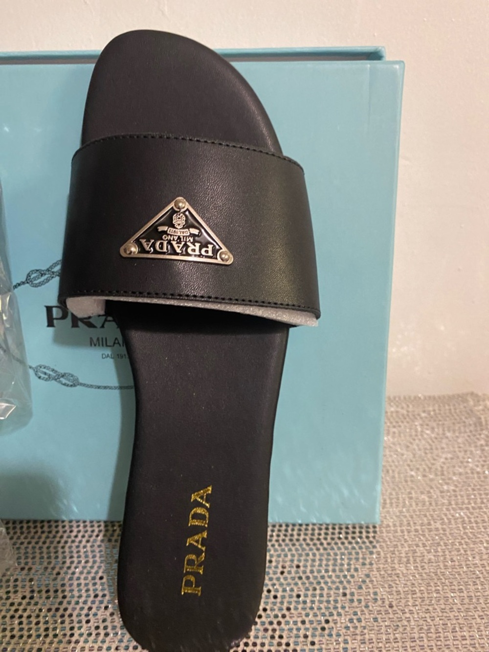 Prada Black Leather Logo Slide Sandals with Gold Emblem - Picture 2 of 11